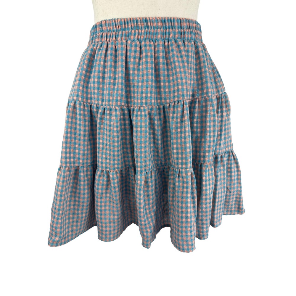 Easel Los Angeles Blue Pink Gingham Tiered Ruffle Mini Skirt Size Medium‎